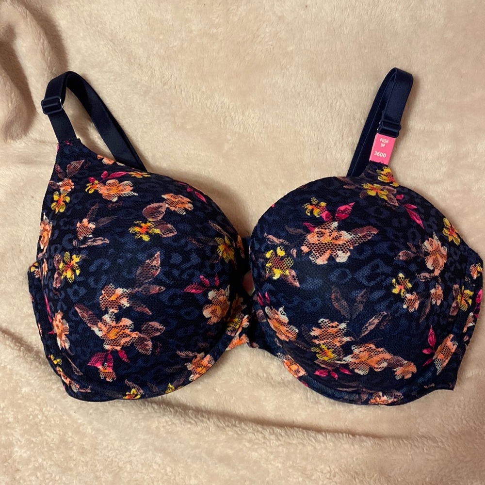Navy blue, floral push up bra
